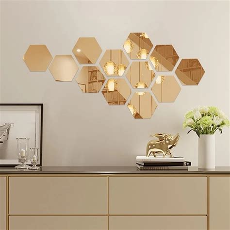 Hexagonal Bedroom Wall Decor Stickers Hexagon Mirror Tiles In Gold Renter Friendly Decorations