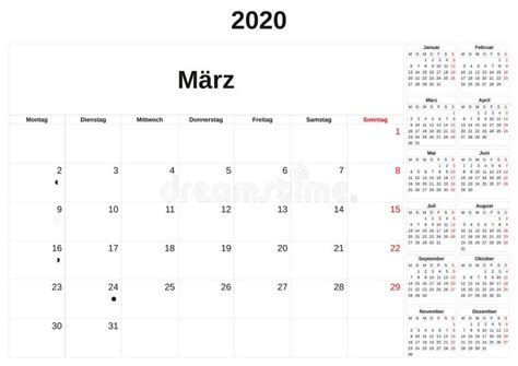 2020 Un Calendario Mensual Con El Fondo Blanco En Alemn Stock De