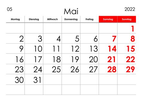 Kalender Mai 2022 Grosse Ziffern Im Querformat Kalendersu