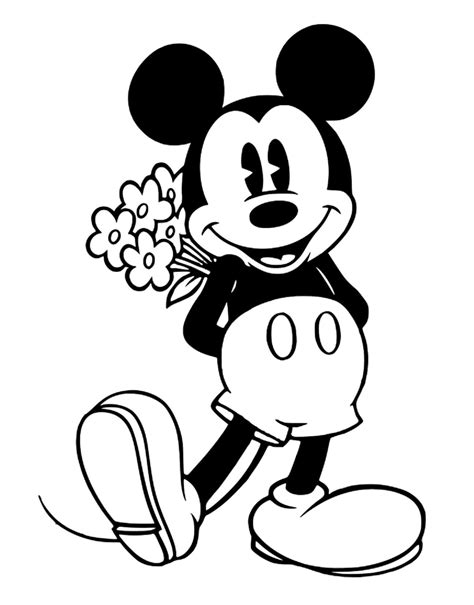 Mickey Happily Holding A Bouquet Flower Coloring Page Download Print