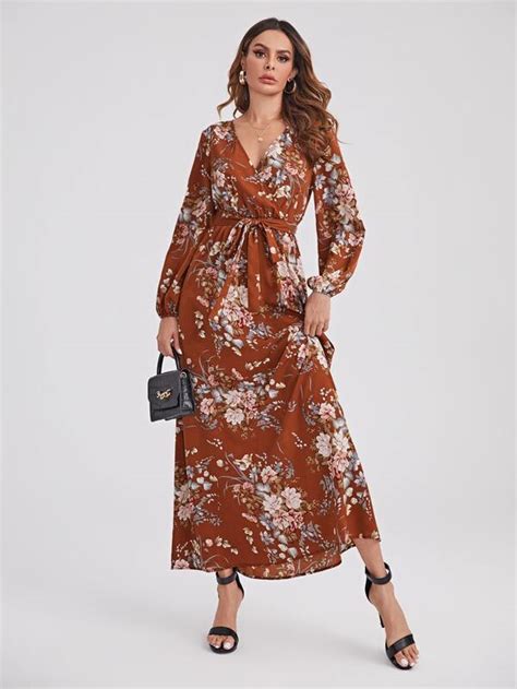 shein clasi surplice neck self belted botanical print dress shein usa