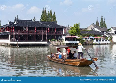 Chinese Traditional Rowboat In The Dianpu River In Zhujiajiao Ancient