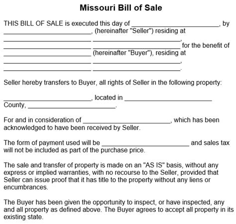 Free Missouri Car Bill Of Sale Form Word Pdf Excel Tmp