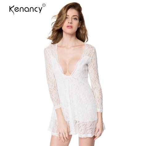 Kenancy Sexy Deep V Neckline Plunge Sheer Mini Lace Dress Long Sleeve