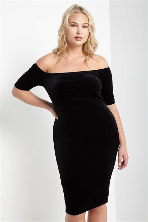 Black Velvet Off The Shoulder Midi Dress Plus Size Midi Dress Plus