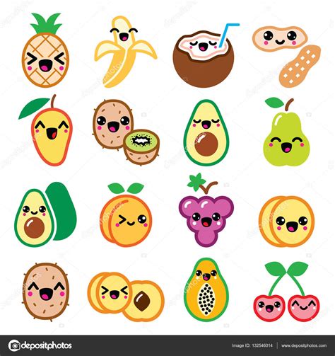 Kawaii Frutas E Nozes Personagens Bonitos ícones Conjunto — Vetor De