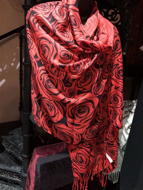 Vintage Styled Red Black Rose Pashmina Wrap Shawl Scarf Etsy
