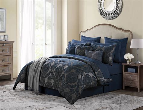 Gabrielle Blue Jacquard Damask Bed In A Bag Comforter Set Queen Blue
