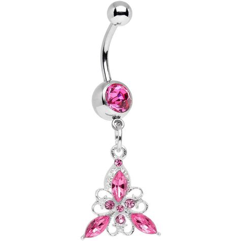 Pink Gem Thrilling Trillium Flower Dangle Belly Ring Belly Button Piercing Jewelry Bellybutton