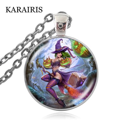 Karairis Sexy Witch With Broom Necklace Full Moon Pendant Jewelry Glass Cabochon Sweater Chain