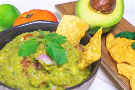 Mexican Style Serve Of Avocado Guacamole With Chips Stock Image Image