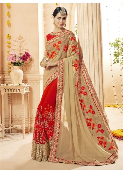 Red Georgette Embroidered Bridal Indian Wedding Saree 1110
