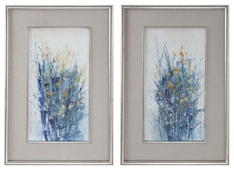 Blue Floral Stems Wall Art Yellow Flower Framed Painting Print 2