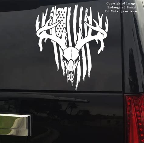 Mule Whitetail Deer Buck On Tattered Usa Flag Hunting Nra Decal Sticker