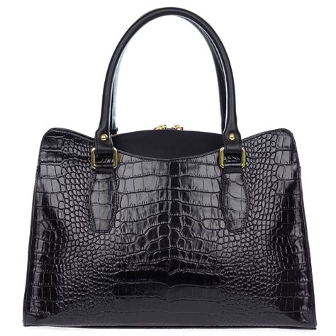 Giordano Italian Made Black Crocodile Embossed Leather Tote Handbag