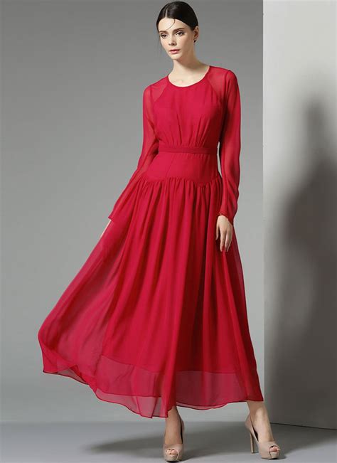 Long Sleeve Red Maxi Dress With Angled Hip Design Rm327