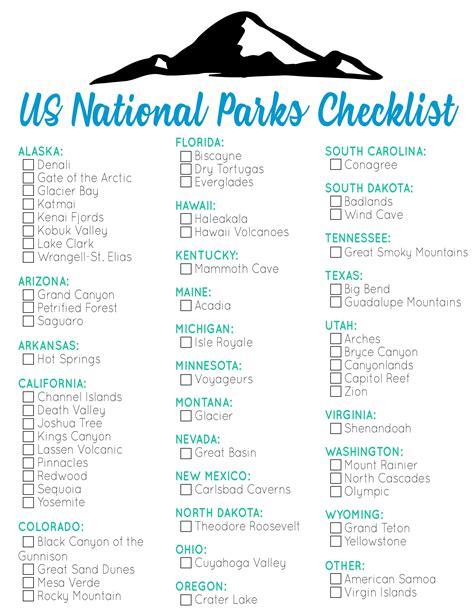 Printable List Of National Parks Iar412ekag