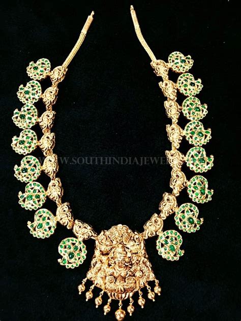 Gold Mango Necklace With Green Stones South India Jewels