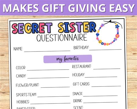 Secret Sister Questionnaire Secret Sister Printable Survey T