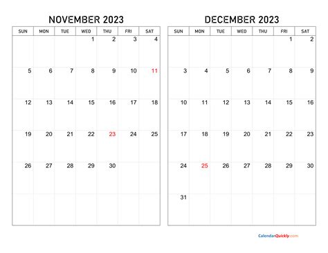 November December 2023 Blank Calendar 2023