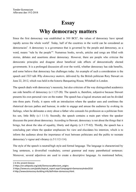 Essay Why Democracy Matters Tønder Gymnasium Afleveres Den 192