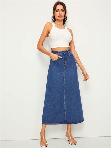 5 Pocket Longline Straight Denim Skirt Shein Usa Long Jean Skirt A Line Denim Skirt Denim