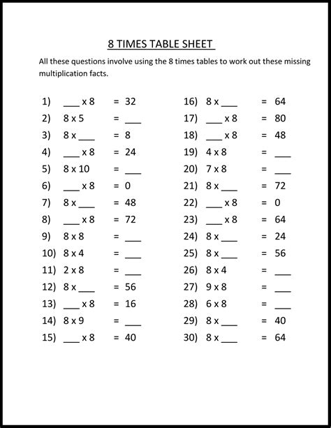 Printable 8 Times Table Worksheets Customize And Print