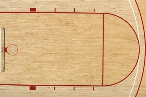 An Aerial View Above Half Of One End Of A Basketball Court Stock Photo