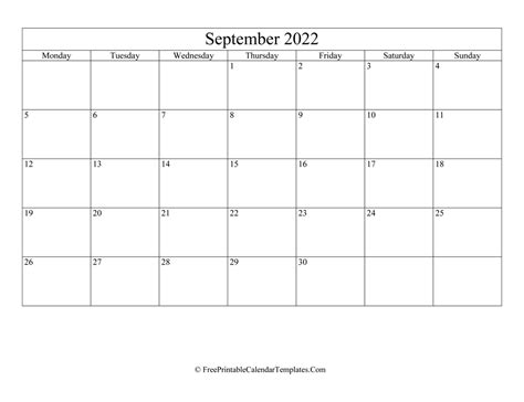 Blank Editable September Calendar 2022 Landscape