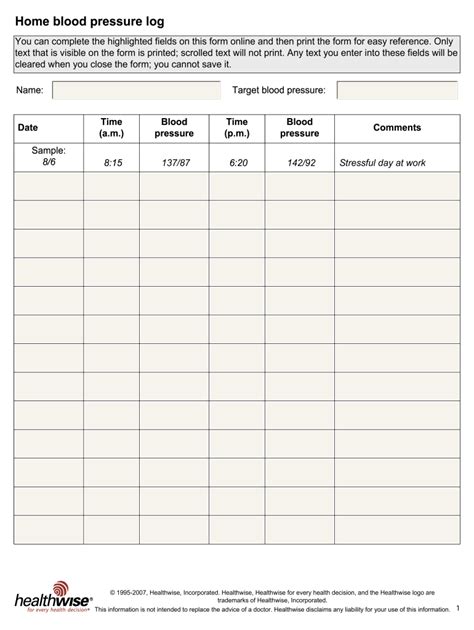 Healthwise Blood Pressure Log 2020 Fill And Sign Printable Template