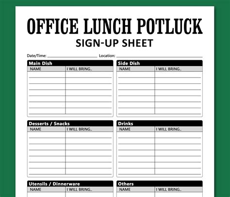 Office Lunch Potluck Sign Up Sheet Printable Template Work Etsy