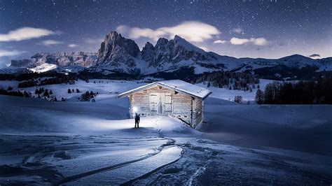 Alpe Di Siusi Seiser Alm At Night Snow Mountains Nature Alps Log