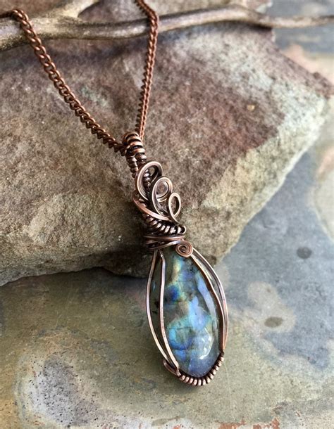 Wire Wrapped Labradorite Necklace In Antique Copper Blue Green Gold