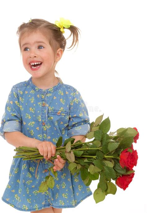 Charming Little Girl Holding Bouquet Red Roses Stock Photos Free