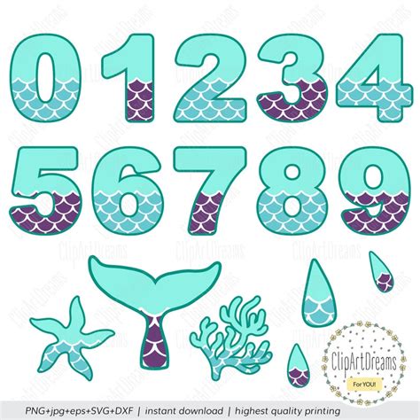 Mermaid Numbers Svg Outline Mermaid Numbers Tail Starfish Svg Etsy