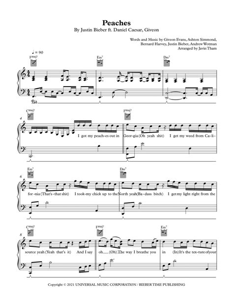 Peaches Sheet Music Justin Bieber Piano And Vocal