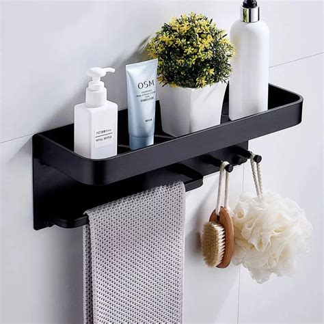 Nail Free Black Space Aluminum Bathroom Shelves With Hooks Wall Mount