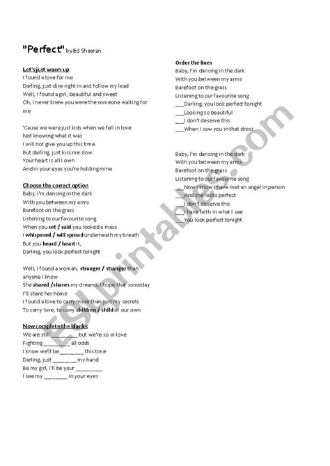 Perfect - Ed Sheeran - Lyrics worksheet - ESL worksheet by MLupich