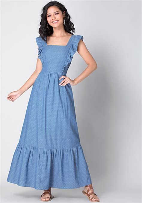 Buy Women Blue Chambray Frilled Maxi Dress Trends Online India Faballey