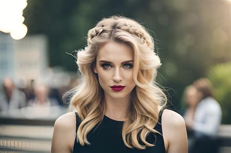 Premium Ai Image A Woman With Long Blonde Hair And A Black Dress With