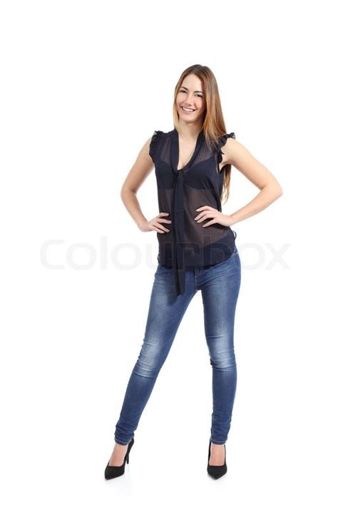 Full Body Portrait Of A Casual Happy Woman Model Standing Isolated On A