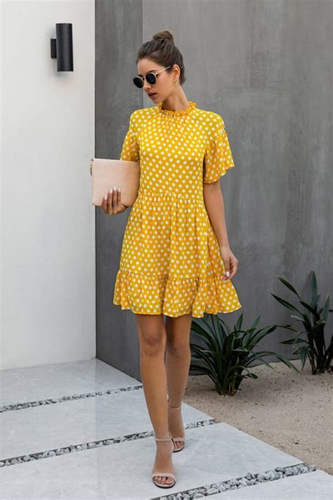 Yellow Polka Dot Dress With Short Sleeve