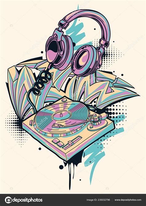 Funky Colorful Turntable Headphones Graffiti Arrows ⬇ Vector Image By