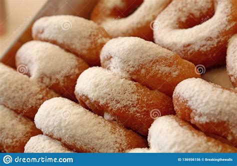 Close Up Many Ring Donuts With Sugar Powder Stock Photo Image Of
