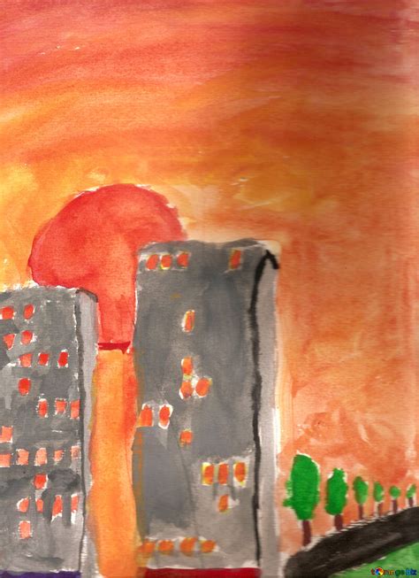 Childrens Drawing Of City Sunset Free Image № 42701