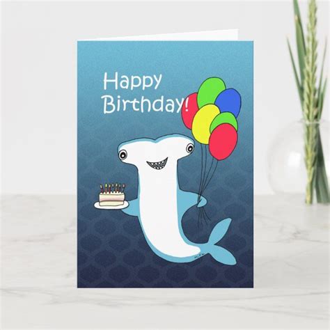 Hammerhead Shark With Cake Balloons Funny Birthday Card Size 5 X
