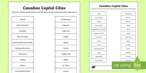 Match Provinces And Capitals Worksheet Canada Capitals Quiz