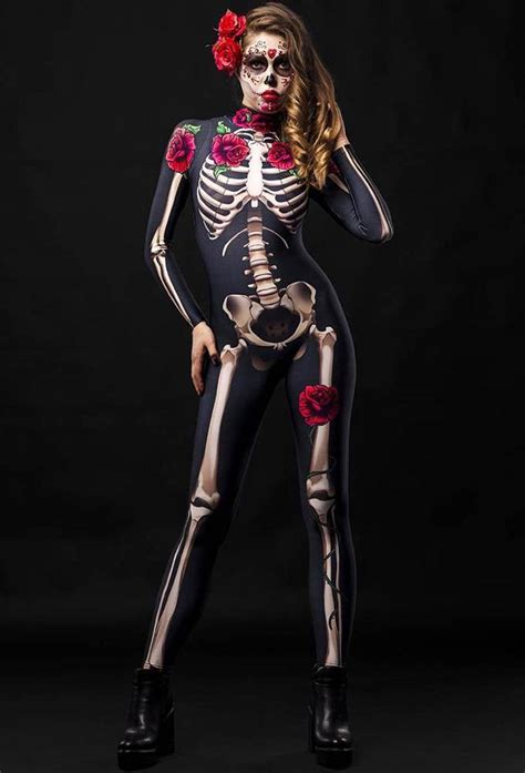 Adult Womens Halloween Scary Rose Skeleton Catsuit Costume Pinkfad