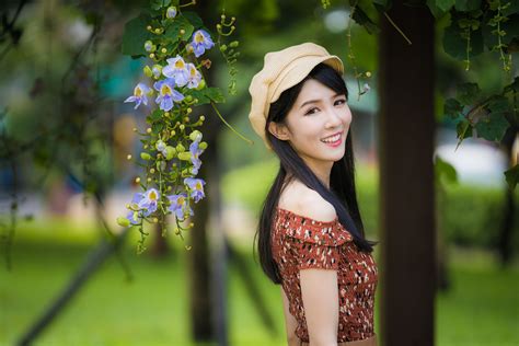 wallpaper asian women model long hair brunette depth of field trees flowers berets