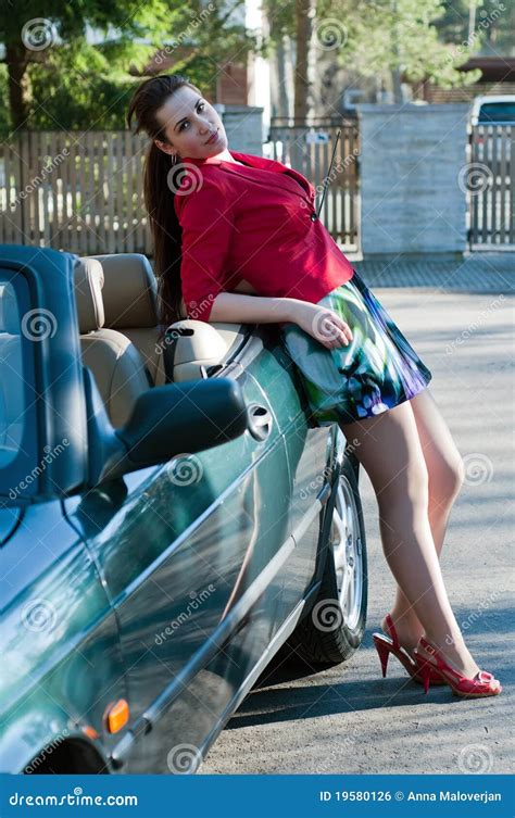 Beautiful Brunette Woman In Car Stock Photo Image Of Happy Cheerful